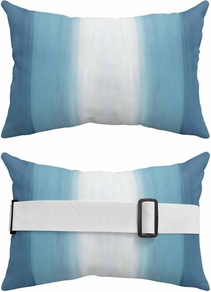 Outdoor Lumbar Pillow Set of 2, Aqua Blue Striped Waterproof Beach Headrest Pillow with Inserts, Blue White Ombre Farmhouse Gradient Recliner Throw Pillows for Patio Furniture, 11 x 16