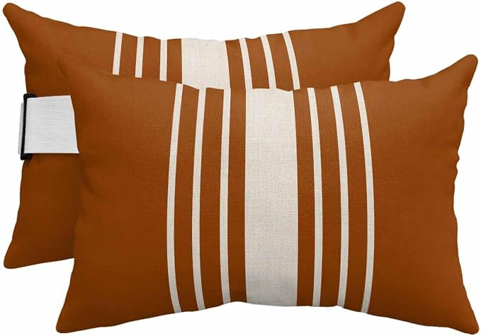 Pack of 4 Outdoor Lumbar Pillow Covers 12x20 Inch, Burnt Orange Beige Striped Waterproof Throw Pillow Covers Set, Modern Farmhouse Retro Lines Indoor&Outdoor Cushion Cases for Patio Porch Beach