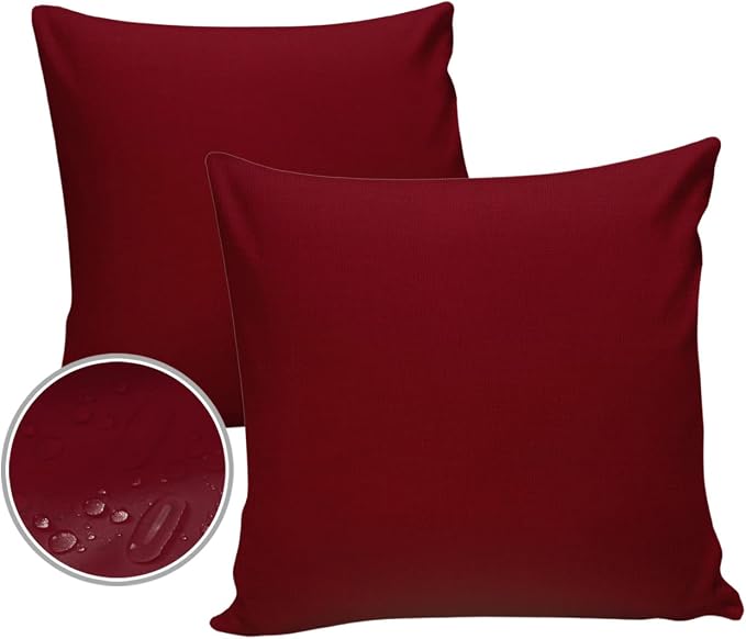 Outdoor Pillow Covers Waterproof, Solid Red Wine All Weather Cushion Case Set of 2, Pure Color Decorative Pillowcases for Sofa Couch Bed Decor Patio Furniture 16"x16"