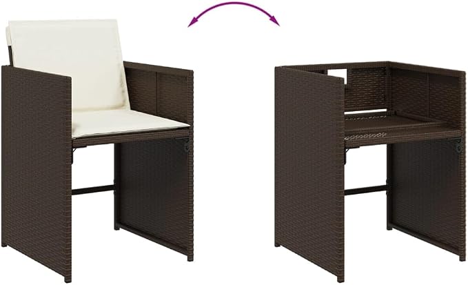 9 Piece Patio Dining Set with Cushions Brown Poly Rattan Outdoor Garden Furniture Table and 8 Folding Chairs Tempered Glass Top Removable Washable Cover
