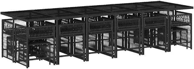 17 Piece Garden Dining Set Black Poly Rattan Patio Furniture Set with Rectangular Table 12 Foldable Chairs 4 Stools and Cushions for Outdoor Backyard Terrace