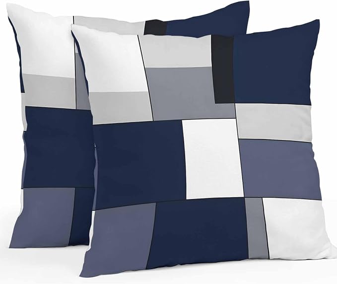 Modern Blue White Grey Plaid Outdoor Pillow Covers 16x16in Pack of 2 Waterproof Pillowcase Abstract Geometric Checkered Decorative Throw Cushion Case for Patio Couch Sofa