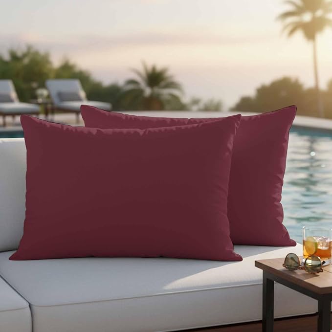 Lumbar Pillow Covers 12 x 20 Inches, Red Solid Color Waterproof Throw Pillow Cover Set of 2, Aesthetics Contemporary Luxury Decorative Rectangle Cushion Covers for Patio/Couch/Garden