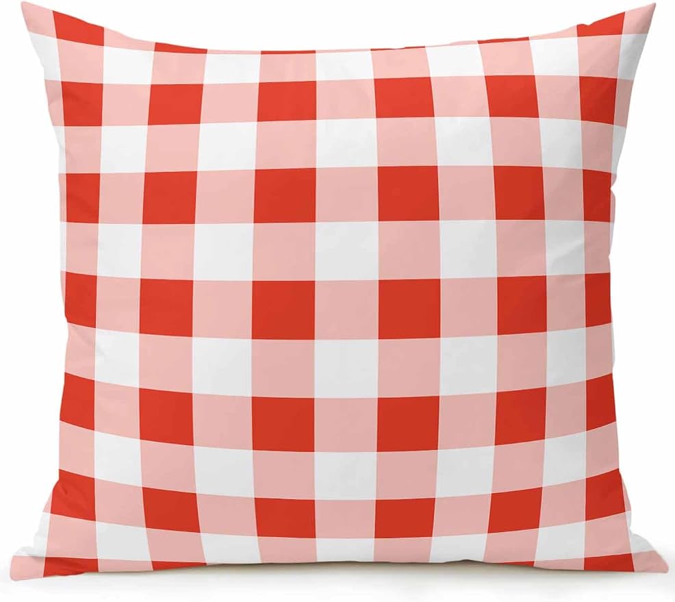 Waterproof Outdoor Pillow 1 Pack Red Buffalo Plaid Decorative Throw Pillows Cover & Insert 16x16 Inch Pillowcase Check Lines Square Pillows for Couch Sofa Bed Patio Furniture Indoor Outdoor