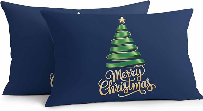 Navy Blue Christmas Tree Lumbar Pillow Covers 12 x 20 Inch, Green Xmas Tree with Star Waterproof Throw Pillow Cover Set of 2, Christmas Blue Decorative Rectangle Cushion Covers for Patio/Couch