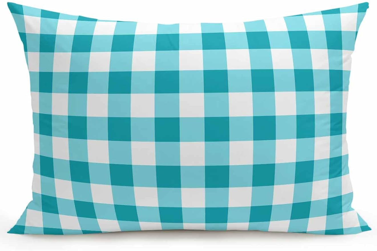 Waterproof Outdoor Pillow 1 Pack Turquoise Buffalo Plaid Decorative Throw Pillows Cover & Insert 20x12 Inch Lumbar Pillowcase Check Lines Pillows for Couch Sofa Bed Patio Furniture Indoor Outdoor