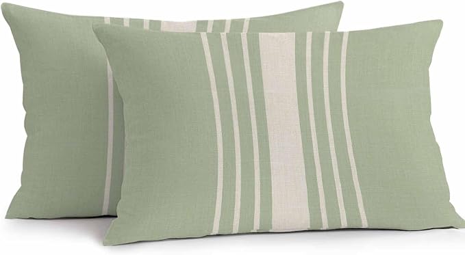 Sage Green Beige Striped Outdoor Pillow Covers 20x12 Inch Lumbar Pillow Covers Set of 2 Waterproof Decorative Throw Pillow Cases Modern Farmhouse Retro Lines Cushion Covers for Patio Furniture Garden