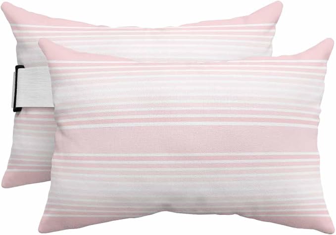 Pack of 4 Outdoor Lumbar Pillow Covers 12x20 Inch, Pink Striped Waterproof Throw Pillow Covers Set, Pink Ombre Farmhouse Stripes Indoor&Outdoor Decorative Cushion Cases for Patio Porch Car