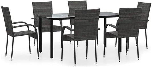 BOWERY HILL 7-Piece Garden Dining Set, PE Rattan and Powder-Coated Steel, Gray Finish, Stackable Chairs, Tempered Glass Table, Outdoor Patio Furniture for Garden and Terrace Dining