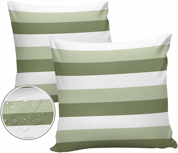 Pack of 2 Ombre Green Stripe Outdoor Pillow Waterproof Covers 26x26 inch, Geometric Art Polyester Throw Pillow Covers Garden Cushion Decorative Case for Patio Couch Decoration