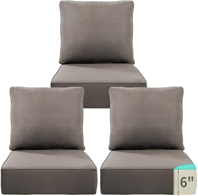 Luxury 22*24*6in Outdoor Patio Cushions, 3 Pieces Grey Outdoor Cushion | 6'' Thick Outdoor Cushions, Water-Resistant, Reversible, Removable Cover, for Patio Chairs Sofa Couch Loveseat