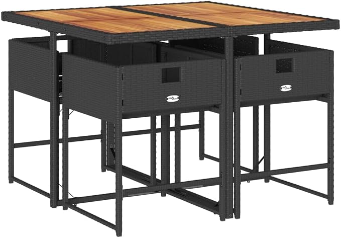 5 Piece Patio Dining Set with Cushions Black Poly Rattan Outdoor Furniture Foldable Chairs Acacia Wood Table for Garden Backyard Deck Relaxation UV-Proof Space-Saving