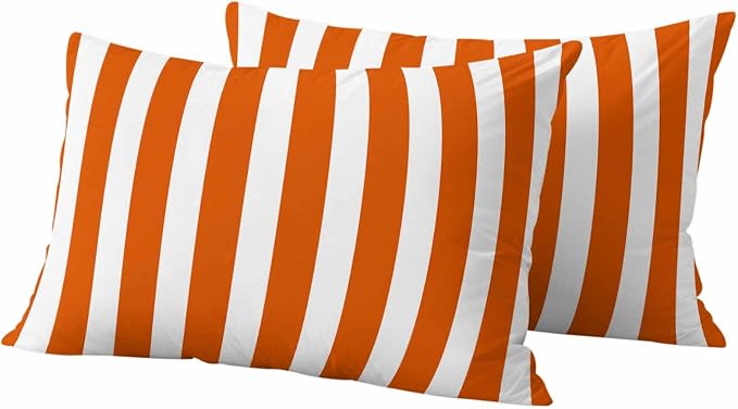 Burnt Orange Striped Outdoor Waterproof Throw Pillow Covers 20x12 Set of 2, Thanksgiving Orange White Stripes Decorative Pillowcases Cushion Pillowcase for Couch Sofa Patio Outside Pillow Protector
