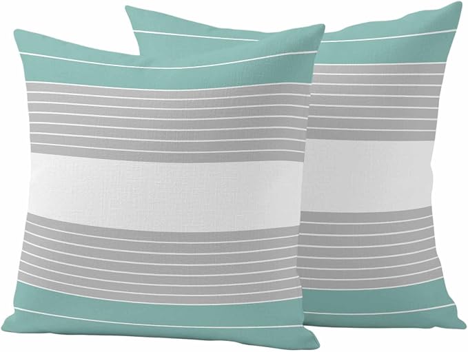 Turquoise Grey Stripe Outdoor Pillow Covers Set of 2 Gradient Line Waterproof Throw Pillow Cover Decorative Cushion Cases for Patio Porch Garden 16X16 Inch