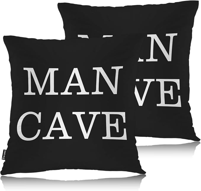 Swono Man Cave Home Decorative Throw Pillows Covers, Funny Quote Set of 2 Outdoor Pillow Case for Livingroom Bedroom, Boho Pillow Cushion Covers for Man Woman 18"X18", White Black