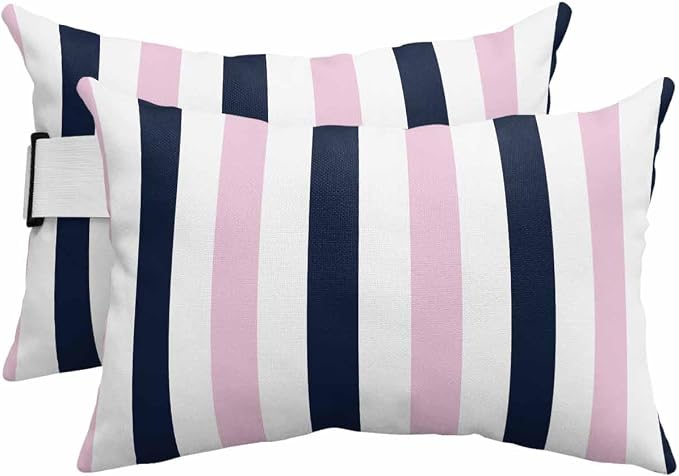 Pack of 4 Outdoor Lumbar Pillow Covers 11x16 Inch, Pink Navy Blue Striped Waterproof Throw Pillow Covers Set, Farmhouse Stripe Art Indoor&Outdoor Decorative Cushion Cases for Patio Porch Beach