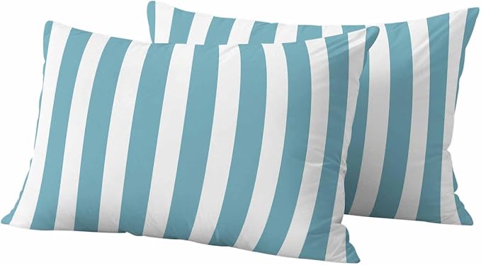 Aqua Striped Outdoor Waterproof Throw Pillow Covers 20x12 Set of 2, Modern Farmhouse Blue White Stripes Decorative Pillowcases Cushion Pillowcase for Couch Sofa Patio Outside Pillow Protector