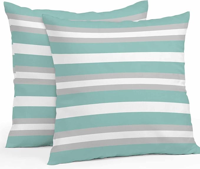 Aqua Grey Stripe Outdoor Pillow Covers Waterproof, All Weather Cushion Case Set of 2, Minimalist Farmhouse Striped Decorative Pillowcases for Sofa Couch Bed Decor Patio Furniture 18"x18"