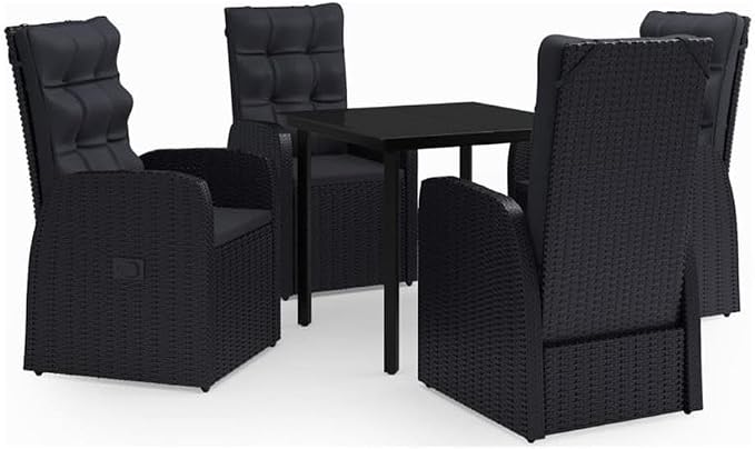 Afuera Living 5-Piece PE Rattan Patio Dining Set, Powder-Coated Steel Frame, Glass Table, Black Finish, Weather-Resistant Outdoor Furniture with Cushioned Reclining Chairs for Backyard or Terrace