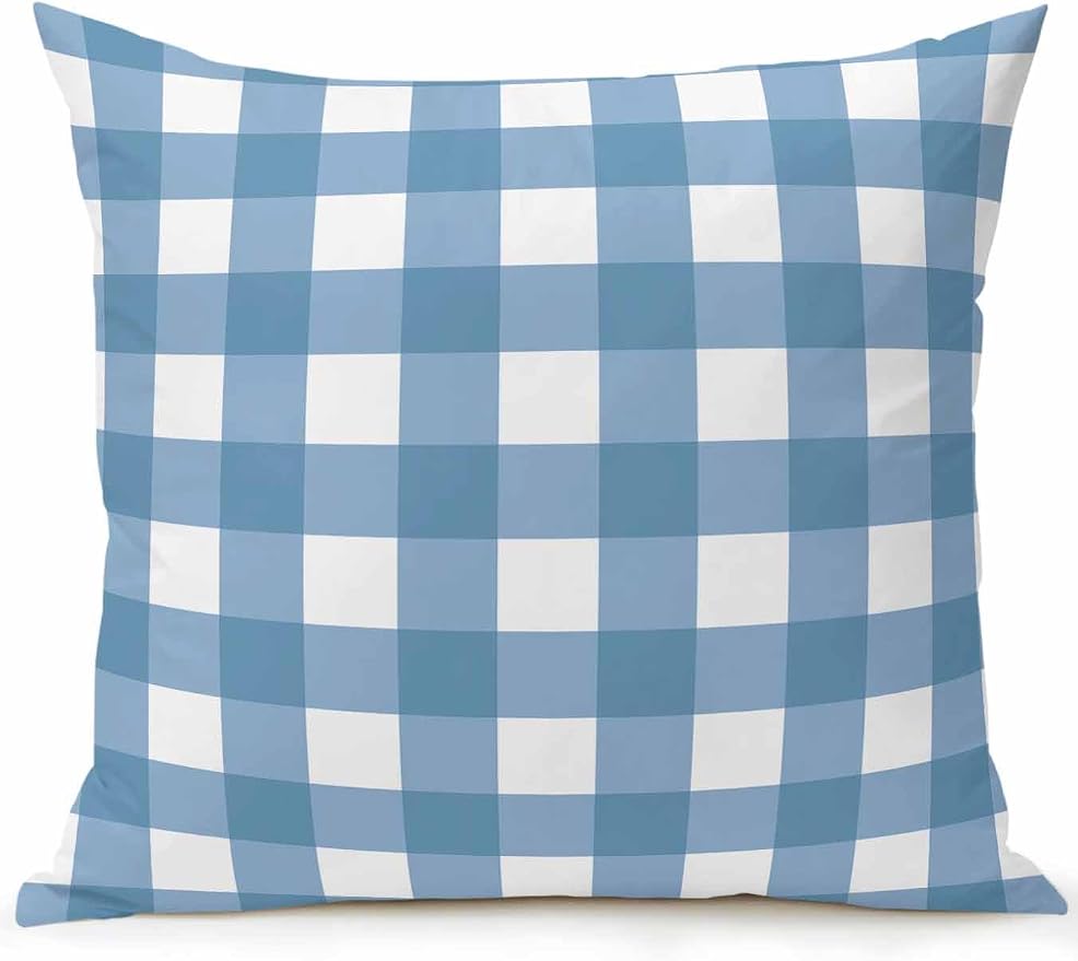 Waterproof Outdoor Pillow 1 Pack Buffalo Plaid Decorative Throw Pillows Cover & Insert 18x18 Inch Pillowcase Blue Check Lines Square Pillows for Couch Sofa Bed Patio Furniture Indoor Outdoor