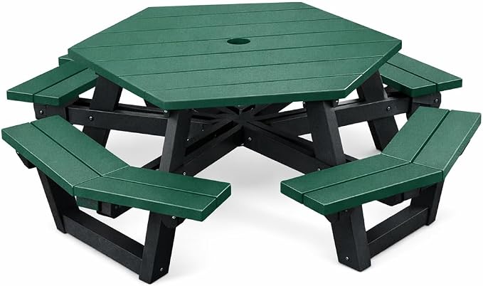 Frog Furnishings Hex Table Bench, Portable Outdoor Table, for All Weather, Backyard, Dining Party, Patio, Also for School, College, Park, Playground, Swimming Pool
