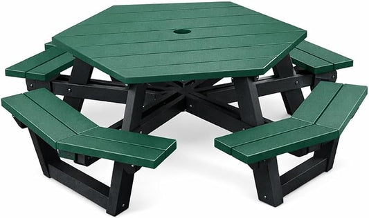 Frog Furnishings Hex Table Bench, Portable Outdoor Table, for All Weather, Backyard, Dining Party, Patio, Also for School, College, Park, Playground, Swimming Pool