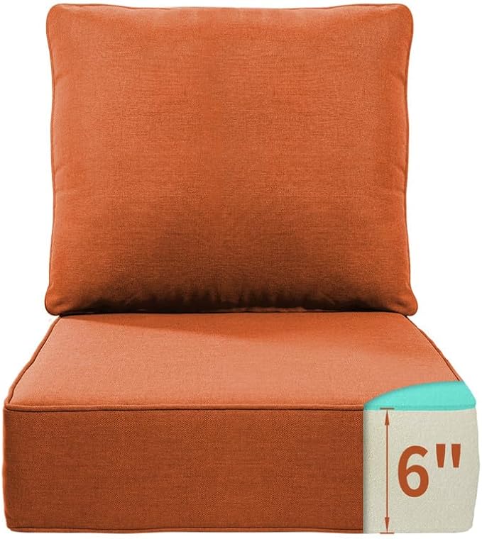 Luxury 22*24*6in Outdoor Patio Cushions, 1 Piece Orange Outdoor Cushion | 6'' Thick Outdoor Cushions, Water-Resistant, Reversible, Removable Cover, for Patio Chairs Sofa Couch Loveseat
