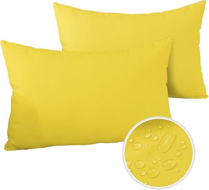 Outdoor Waterproof Pillow Covers for Patio Furniture Bright Yellow Decorative Throw Pillow Cover Solid Color Pillowcases Set of 2 Cushion Case for Sofa Couch Chair Home Decor 20x12 inch x 2pcs