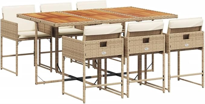 7 Piece Patio Dining Set with Cushions Beige Poly Rattan Outdoor Table and 6 Chairs Foldable Space Saving for Garden Backyard Deck UV Proof Removable Cover