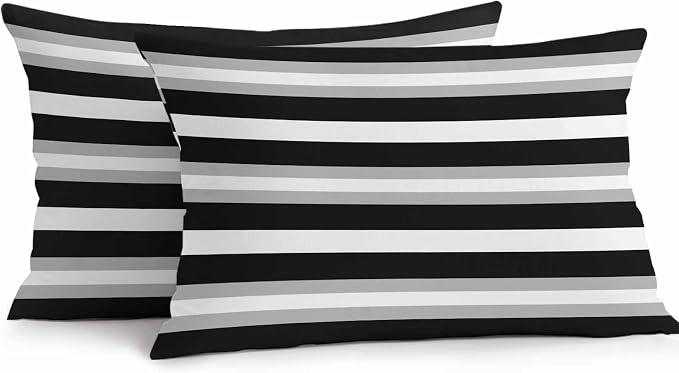 Black Grey Stripe Outdoor Pillow Covers Waterproof, All Weather Cushion Case Set of 2, Minimalist Farmhouse Striped Lumbar Pillowcase for Sofa Couch Bed Decor Patio Furniture 20"x12"