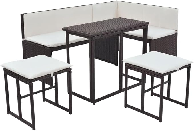 5-Piece Outdoor Dining Set, Brown Poly Rattan Patio Furniture with Cream White Cushions, Modular Sectional Sofa for Garden, Terrace and Balcony, Seats 4 People