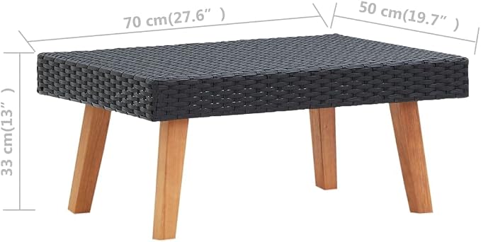 Outdoor Coffee Table, Black PE Rattan and Powder-Coated Steel Patio Table with Eucalyptus Wood, Square Low Profile Furniture for Garden, Terrace, and Balcony, 27.6 x 27.6 x 13 Inches