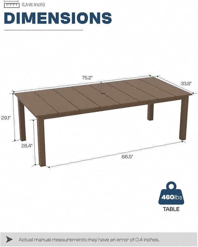75.2" HDPE Outdoor Dining Table for 4-6 People, Rectangular Patio Dining Table with Umbrella Hole, All Weather Patio Dining Outdoor Table for Deck, Backyard and Garden, Brown