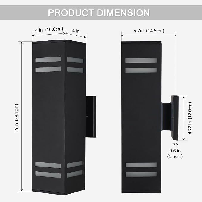 15" Black Modern Outdoor Wall Light with 3-Sided Frosted Glasses | E26 Base,UL listed,Aluminum Up and Down Lights Outdoor Exterior Wall Light Fixture Porch Light for House Garage Patio Garden