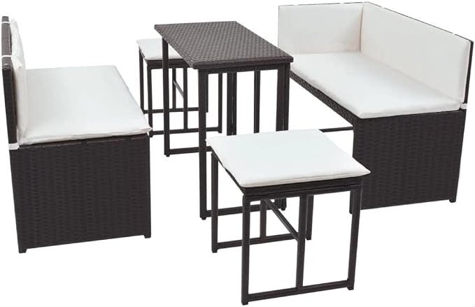 5-Piece Outdoor Dining Set, Brown Poly Rattan Patio Furniture with Cream White Cushions, Modular Sectional Sofa for Garden, Terrace and Balcony, Seats 4 People