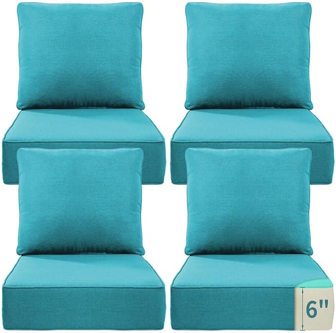 Luxury 22*24*6in Outdoor Patio Cushions, 4 Pieces Teal Outdoor Cushion | 6'' Thick Outdoor Cushions, Water-Resistant, Reversible, Removable Cover, for Patio Chairs Sofa Couch Loveseat