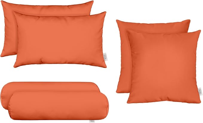 RSH DECOR Set of 6 Outdoor Pillow, Outdoor Pillows for Patio, Pillows w/Polyester Pillow Cases | Water & Fade Resistant Fabric | 17" Square, 20x12 Lumbar, 20x6 Neck Roll - Canvas Melon