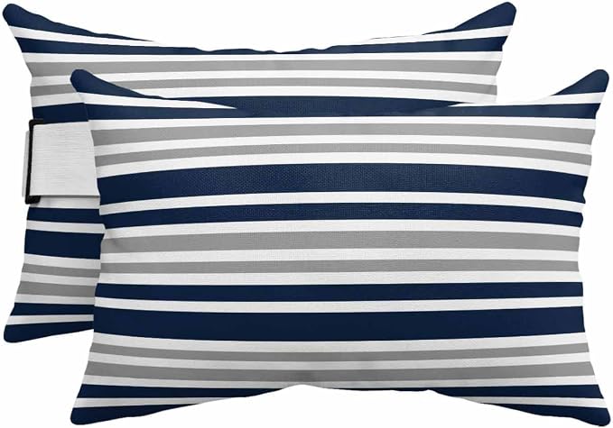 Blue and Grey Striped Outdoor Pillows with Insert Blue Grey White Geometric Waterproof Patio Pillows with Adjustable Strap Decorative Head Recliner Lounger Chair Throw for Patio Furnitures 2 Pack