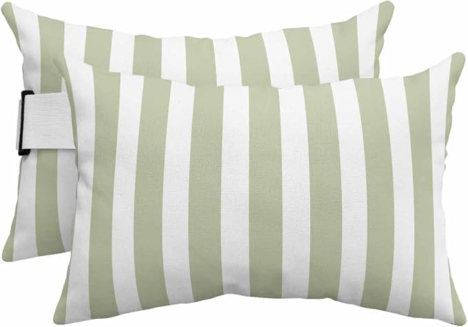 DecorLovee Sage Green Striped Outdoor Recliner Pillows for Head, Farmhouse Waterproof Chair Pillow with Elastic Stripe, Sage Green Stripes Chaise Lounge Headrest Pillow for Patio/Pool 2Pack, 11"x16"