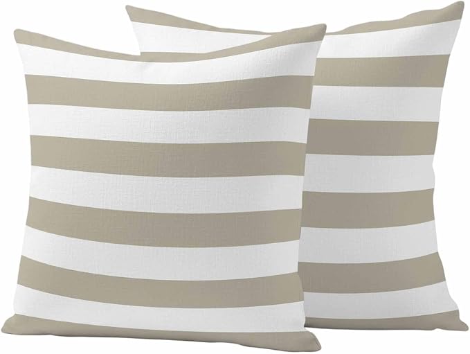 Tan and White Stripe Outdoor Waterproof Throw Pillow Covers Set of 2, 20"x20", Brown Stripes Simple Decorative Pillow Covers Outside Cushion Case for Patio Porch Garden