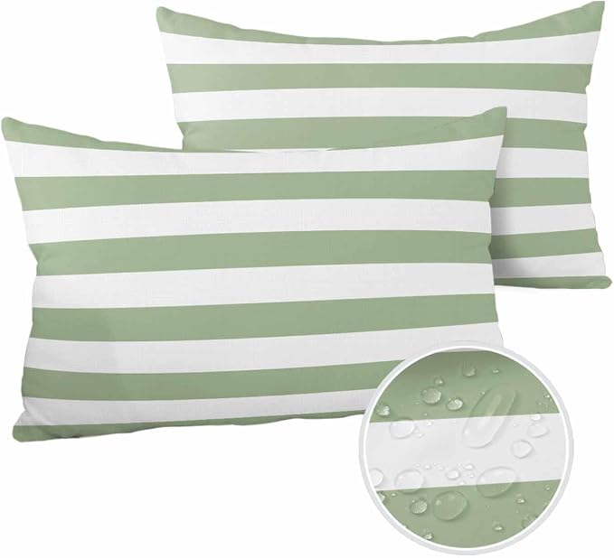 Outdoor Pillows 20x12 Waterproof Outdoor Pillow Covers Spring Stripes Green Polyester Throw Pillow Covers Garden Cushion Decorative Case for Patio Couch Decoration Set of 2 Sage Green