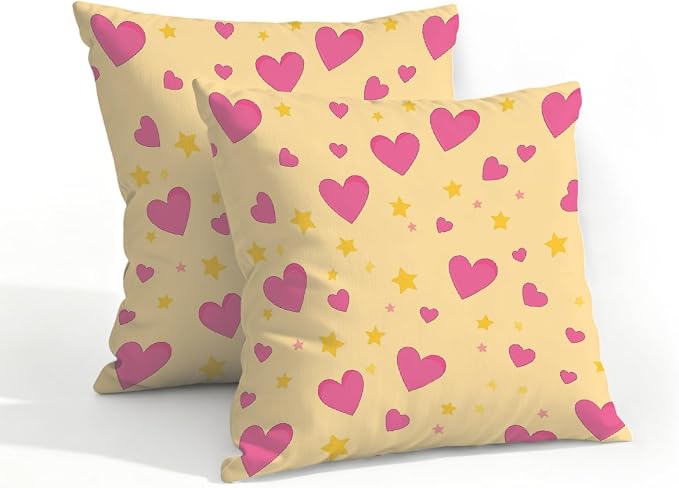 18x18 Inch Outdoor Pillow Covers Set of 2 Waterproof Throw Pillow Covers Decorative Couch Cushion Covers Pink Hearts Yellow Stars Square Pillowcases Protectors for Patio Garden Sofa
