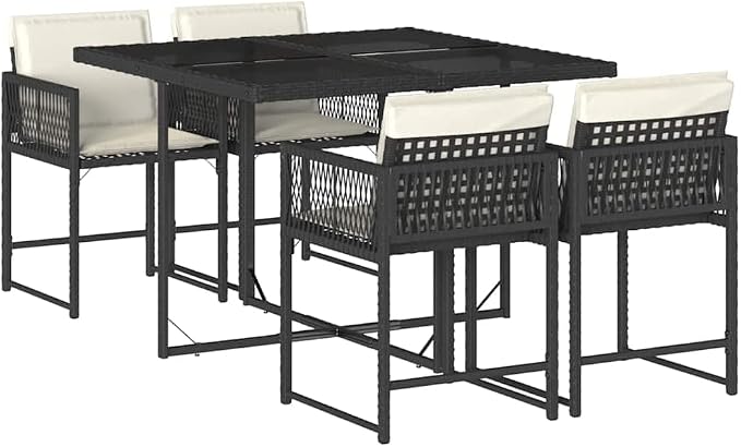 5 Piece Patio Dining Set with Cushions Black Poly Rattan Outdoor Furniture Table and 4 Chairs for Garden Backyard Deck Space Saving Foldable Tempered Glass Top UV Proof
