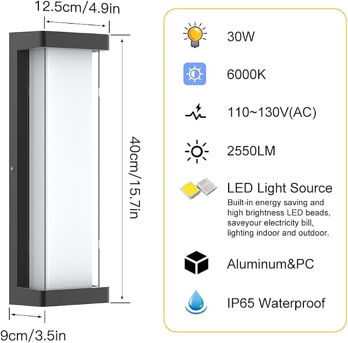 10%-100% Dimming LED Modern Outdoor Wall Light, 16in 6000K Dimmable Porch & Patio Wall Light Fixture,Black Aluminum&Dual PC Wall Lights Suitable for Garage Living Room Courtyard House(6000K)