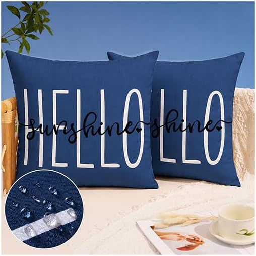 DFXSZ Navy Blue Outdoor Waterproof Pillow Covers 16x16 Set of 2 | Hello Sunshine Decor Spring Summer Polyester Pillow Covers(NO INSERTS)| Decor for Patio Funiture Garden Sofa Couch