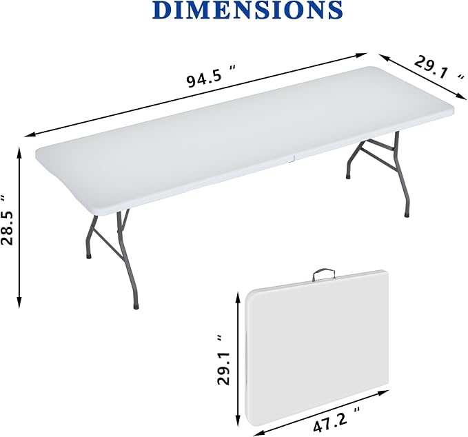 8FT Folding Tables – Heavy Duty Portable Foldable Picnic Table with Built-in Handle, 450 lb Capacity – Ideal for Events, Parties, Crafts, Camping & Dining (4-Pack, White)
