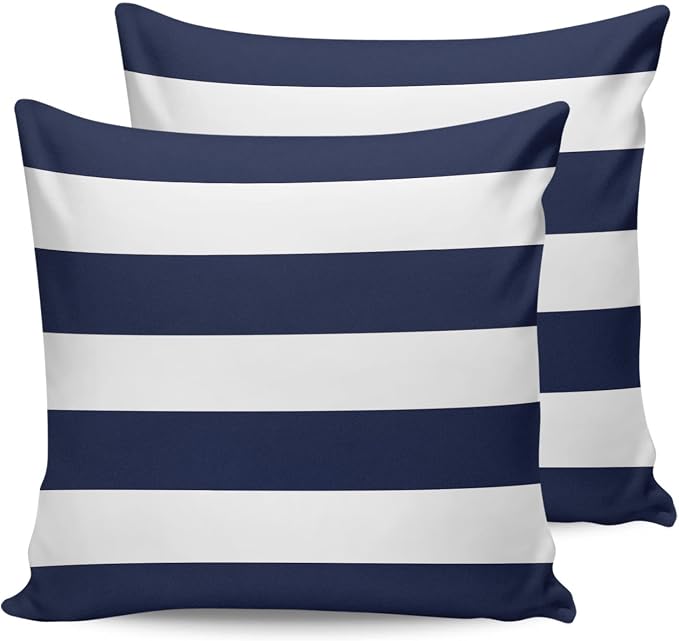 Outdoor Pillows Navy Blue White Stripes Waterproof Outdoor Pillow Covers Geometric Simple Summer Polyester Throw Pillow Covers Garden Cushion Decorative Case for Patio Couch Decoration Set of 2