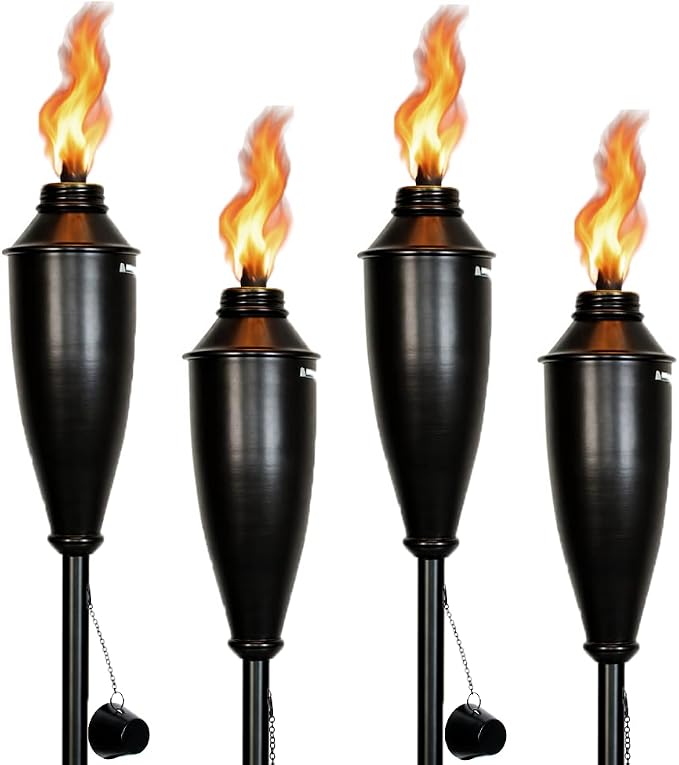 Garden Torches for Outside - Deco Home Pack of 4 Metal Garden Torches Citronella for Outdoor Ambiance - Decorative and Functional for Patio, Lawn, and Backyard-Black