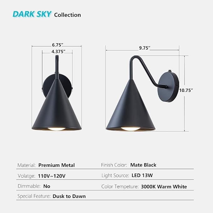 Dusk to Dawn Outdoor Wall Lights 2 Packs, Modern LED Porch Wall Sconce, 13W 3000K Dark Sky Exterior Lighting Fixtures Wall Mount for House, Barn, Garage