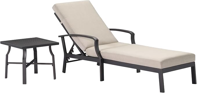 2 Pieces Lounge Chair Set, Outdoor Chaise Lounge Set, Never-Rust Aluminum Pool Lounge Set with Gray Cushion, 6-Position Adjustable Patio Chaise with Outdoor Side Table for Poolside, Gunmetal